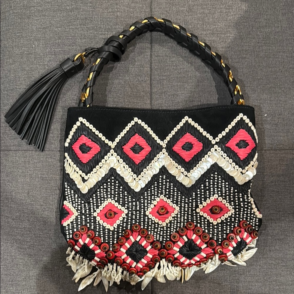 Tory Burch Black and Pink Shoulder Bag with Geometric Patterns